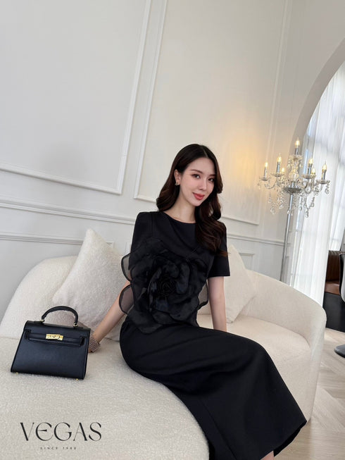 Women Elegant Short Sleeves Dress With Rose Decor